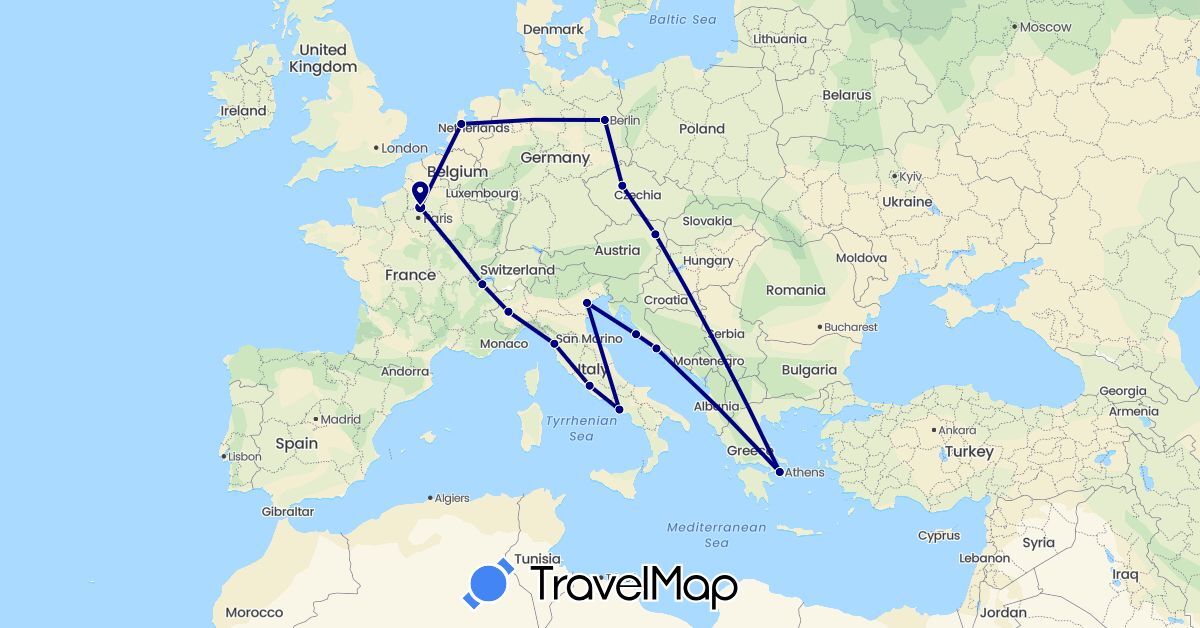 TravelMap itinerary: driving in Austria, Switzerland, Czech Republic, Germany, France, Greece, Croatia, Italy, Netherlands (Europe)
